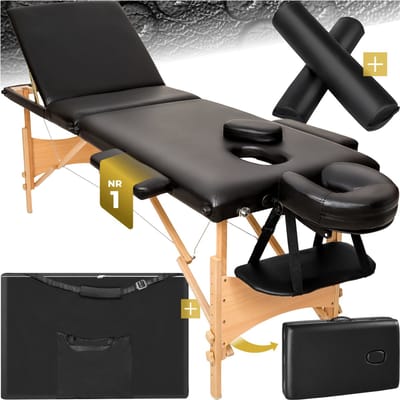 tectake® 3-Zone Massagetafel - 210x95x62cm - Mobiele Massagebank met Houten Frame en Rol- en Hoofdsteun - In Hoogte Verstelbare Behandelbank met Draagtas - Max Draagvermogen 250kg - Zwart
