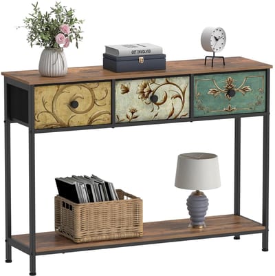 TRANKIELO® - Consoletafel met 3 stoffen laden - Vintage bruin - Metalen frame - Eenvoudige montage