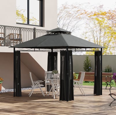 MIVRAY Paviljoen Dubbel Dak 3 x 3 m Metaal Donkergrijs Vrijstaand Met Zijwanden Voor Tuinfeesten En Loungehoek