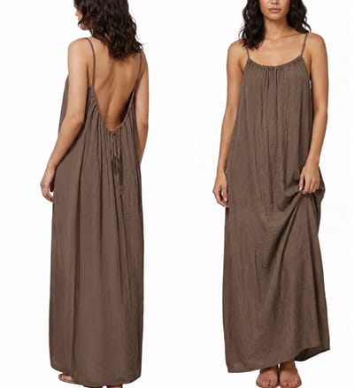 Aomig Spaghettibandjes vrijetijdsjurk, dames zomerjurk, mouwloze lange strandjurk, elegante maxi vloeiend open rug, casual partyjurk voor vakantie, strand, huis, effen (koffiebruin-M)
