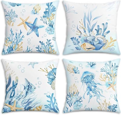 Decoratieve kussenhoezen met oceaan thema, kwallen, koraal en zeesterren voor slaapbank en terras, set van 4, 45 x 45 cm, fluweel en strandstijl
