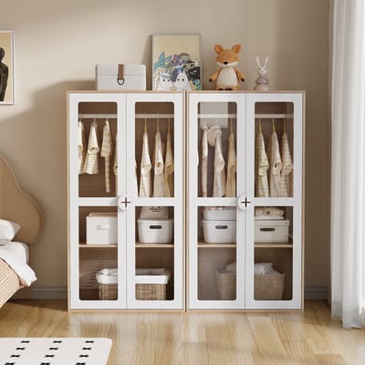 Dubbele Kinderkast - Met Kledingstang En Verstelbare Planken - Wit En Natuur - 160x50x150 Cm - Acryl Deur