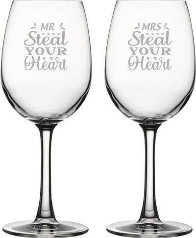 Gegraveerde set witte wijnglazen 36cl Mr. Steal your heart - Mrs. Steal your heart
