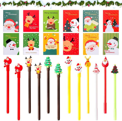 Cosensi- Kerst-schrijfwaren Set van 24 - Balpen - Notitieblok - Markeerpen - Cartoon-kerstboom - Sneeuwpop - Hoogwaardig papier - Schrijfset