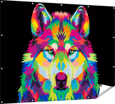 Gards Tuinposter Gekleurde Wolvenkop - Wolf - Abstract - 160x120 cm - Tuindoek - Tuindecoratie - Wanddecoratie buiten - Tuinschilderij