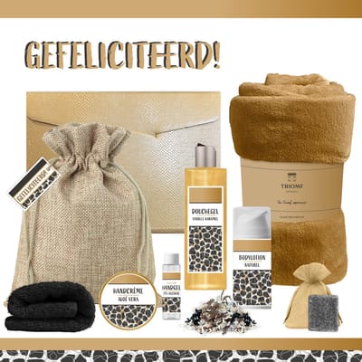 Geschenkset “Gefeliciteerd!” - 8 producten - 1210 gram - Triomf Cosmetica | Luxe wellness Cadeaubox voor haar Giftset Cadeau Pakket Verjaardag Geslaagd Winnaar Diploma Happy Bithday Verjaardagscadeau Vrouw Vriendin Gift Set Party Panter Zwart Goud