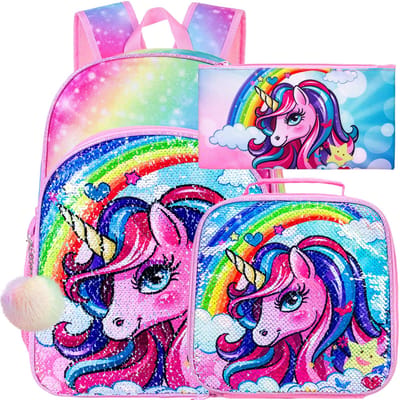 3 STKS Eenhoorn Rugzak, 16  Regenboog Pailletten Boekentas voor Meisjes, Basisschool Kleuterschool School Rugzakken met Lunchbox - Pi