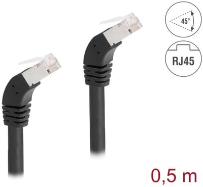 Delock RJ45 Network Cable Cat.6A S/FTP 45° downwards angled 0.5 m black