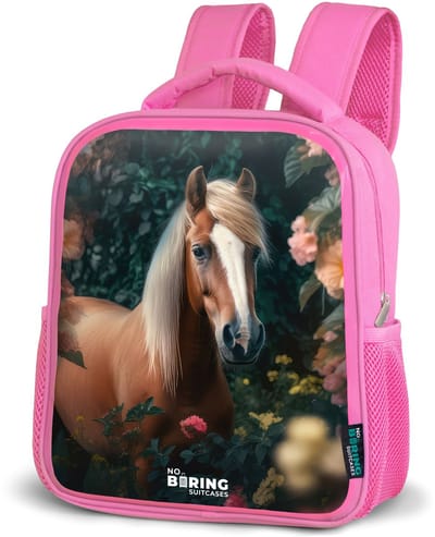 NoBoringSuitcases.com® - Rugzak roze - Schooltas meisjes - Paard - Bruin - Bloemen - Zachtroze - Kinder rugtas meisje - Boekentas kind - Kinderrugzak voor school - Schoolrugzak