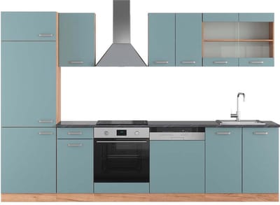 Vicco R-Line Complete keukeneenheid – 300 cm, WB Antraciet Blauw-grijs/gouden eik