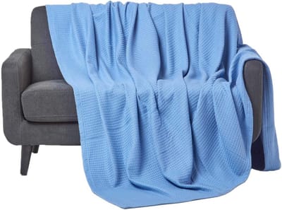 Homescapes Bedspread, 100% Organic Cotton Bedspread, Blue, Pique Waffle Blanket, 180 x 230 cm