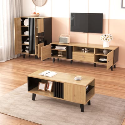 MODENUIT Woonkamerset - Salontafel, Tv-Meubel En Dressoir Met Led - Voor Woonkamer - Glas En Spaanplaat - Zwart