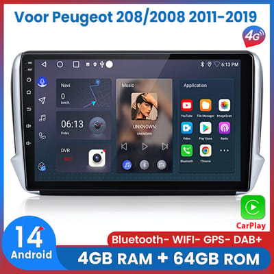 Awesafe 8-Core 4+64GB Autoradio - Geschikt Voor Peugeot 208/2008 2011 t/m 2019 - Draadloze Carplay Android Auto - Touchscreen - GPS Navigatie 4G WiFi - Bluetooth Radio