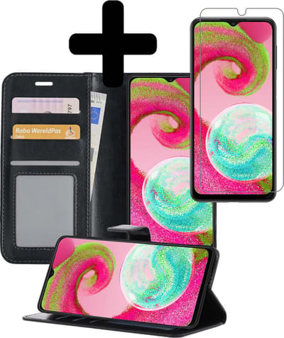 Hoesje - Met Screenprotector - Geschikt voor Samsung Galaxy A04s - Luxe Pasjeshouder - Bookcase Portemonee - Flip Case - Kunstleer Book Case - Flipcase - Book Cover - Walletcase - Portemonneehoes - Telefoonhoesjes - Zwart