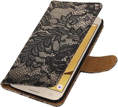 Zwart Lace booktype wallet cover hoesje voor Samsung Galaxy J2 2016