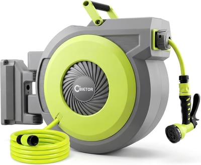 Tuinslanghaspel 30 m + 2 m - Automatisch Oprolbaar - Wandgemonteerde Slanghaspel 180° Draaibaar - Met Sproeikop voor Tuin, Terras en Irrigatie
