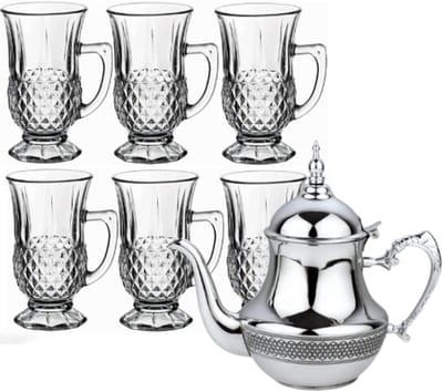 Hakal - Marokkaanse Theepot & Drinkglazen Set - 1.8L - RVS Theepot - 6 Drinkglazen met Handvat 125ml - Transparant & Zilver