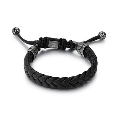 Twice As Nice Armband in edelstaal, zwart gevlochten leder 21cm