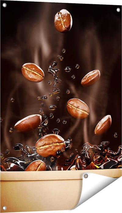 Gards Tuinposter Koffie Beker met Koffiebonen Erin - 60x90 cm - Tuindoek - Tuindecoratie - Wanddecoratie buiten - Tuinschilderij