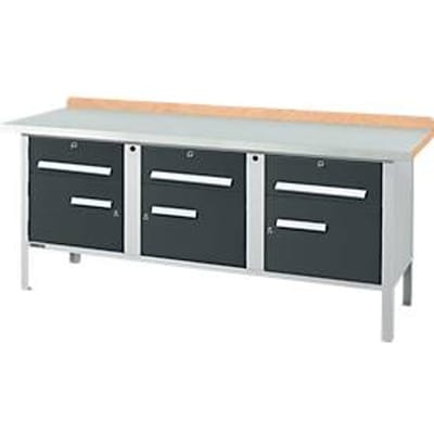 Box-type werkbank Schäfer Shop Select PW 200-5, beuken multiplex blad, met stalen afdekking, tot 750 kg, B 2000 x D 700 x H 840 mm, antraciet