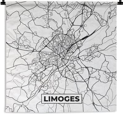 Wandkleed - Wanddoek - Frankrijk - Limoges - Plattegrond - Stadskaart - Kaart - Zwart wit - 180x180 cm - Wandtapijt