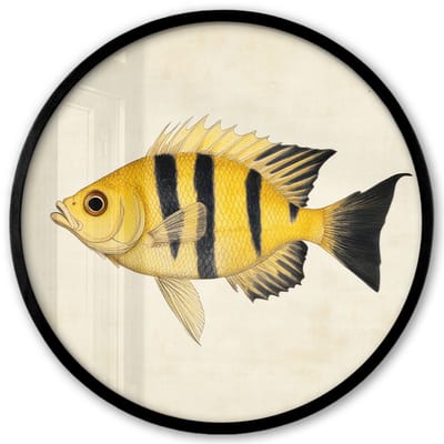 Poster in lijst Rond - Fotolijst 40x40 cm - Posters - Geel - Vis - Strepen - Tropisch - Ronde posterlijst zwart - Decoratie - Wanddecoratie woonkamer - Muurdecoratie slaapkamer