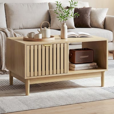 Intebiki salontafel - 80 cm - bijzettafel - Centrale eettafel voor de woonkamer - salontafel met opbergruimte - salontafel met lade - Open planken en massief houten poten - bijzettafeltjes woonkamer - Eikenkleur