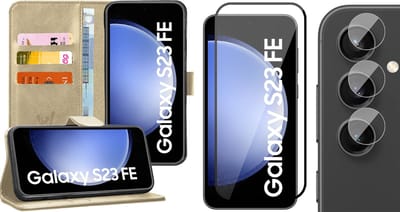 Hoesje geschikt voor Samsung Galaxy S23 FE - Screenprotector Volledig Dekkend Glas & Camera - Portemonnee Book Case Goud