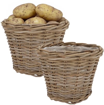 DK Design Plantenmand/aardappelmand tafelmodel - 2x - Ivy - met handvatten - rotan - B25 x H22 cm - binnen/buiten