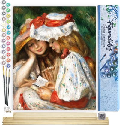 Figured'Art Schilderen op Nummer Volwassenen canvas Jonge Meisjes lezen - Renoir - Handwerk acrylverf Kit DIY Compleet - 40x50cm met DIY houten lijst