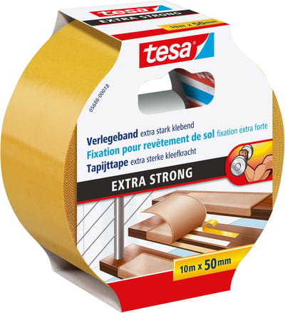 tesa legtape extra sterk klevend - dubbelzijdig plakband voor het leggen van tapijt en PVC-bekleding - dubbelzijdig klevend - 10 m x 50 mm
