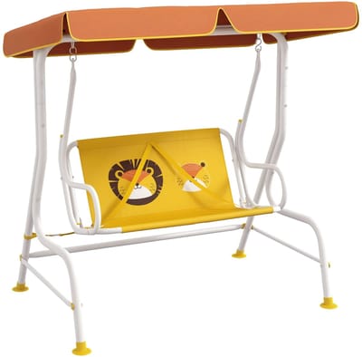MakkelijkMooi 2 Persoons Kinder Schommelbank - Stevig Metalen Frame - Verstelbare Luifel - 2 Veiligheidsgordels - Leeuwenprint