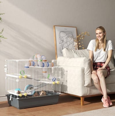 MEUNIQ hamsterkooi 78 x 45 x 73 cm met 4 niveaus, 14-delig tunnelsysteem, 2 voordeuren, bovenopening en accessoires voor hamster of Syrische hamster, grijs