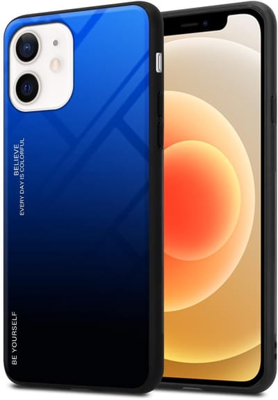 Cadorabo Hoesje geschikt voor Apple iPhone 12 MINI in BLAUW - ZWART - Tweekleurige beschermhoes van TPU-silicone Case Cover en achterzijde van gehard glas