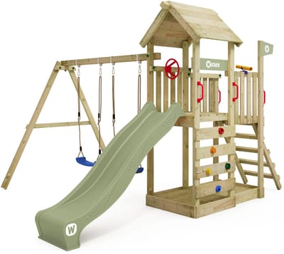 Wickey MultiFlyer Speeltoestel met Houten Dak - Dubbele schommel met Glijbaan - Klimwand & Zandbak - 293x406x260 cm - Pastelgroen