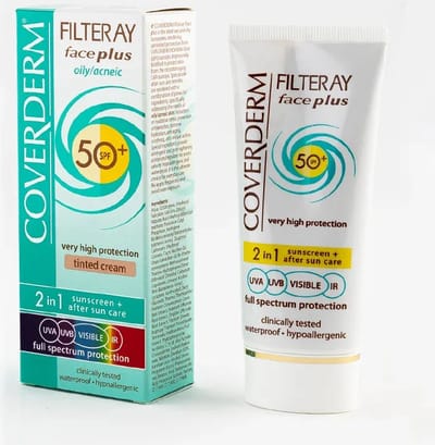 Coverderm Filteray Gezicht Plus Vettig Acneïsch SPF 50+ Getint / Getinte 2 in 1 Zonnecrème voor het gezicht Zachtbruin SPF 50+