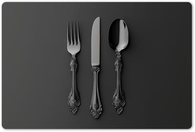 Placemats 45x30 cm - Placemat kunststof - 1 stuk - Bestek - Zwart - Borden onderleggers - Decoratie voor op tafel - Keuken tafeldecoratie accessoires - Vinyl onderlegger - Tafelversiering