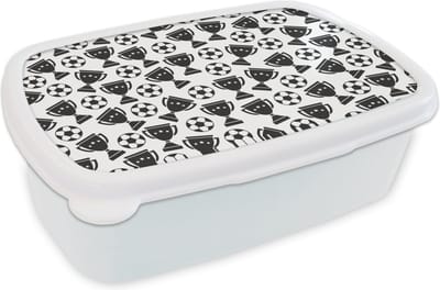 Broodtrommel Wit - Lunchbox - Brooddoos - Patronen - Voetbal - Beker - Jongens - Kinderen - Kids - Kindje - 18x12x6 cm - Volwassenen
