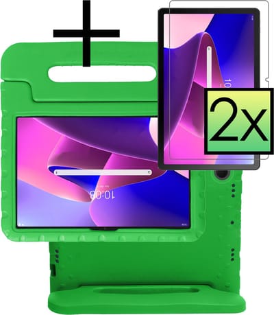 Hoes - Geschikt voor Lenovo Tab M10 Plus (3e / 3rd Generatie) - Met 2x Screenprotector - Kinderhoes Shockproof Bumper - Kidsproof Case - Tablet Hoesje - Kinder Cover - Groen