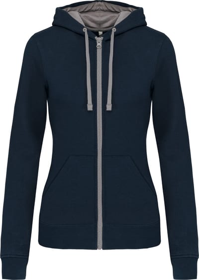Kariban Damessweater met rits en capuchon in contrasterende kleur K467 - Navy / Fine Grey - XS