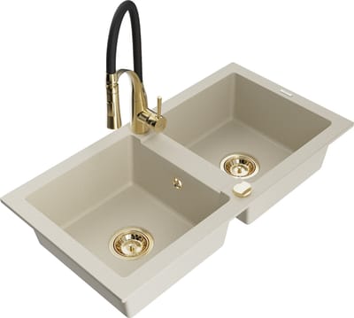 Mexen Mario granieten gootsteen 2-kamerig met keukenmengkraan Aster, beige - 6504-69-73450-57-G
