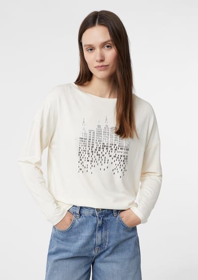T-shirt met lange mouwen bedrukte voorkant bootkraag vrouw COMMA