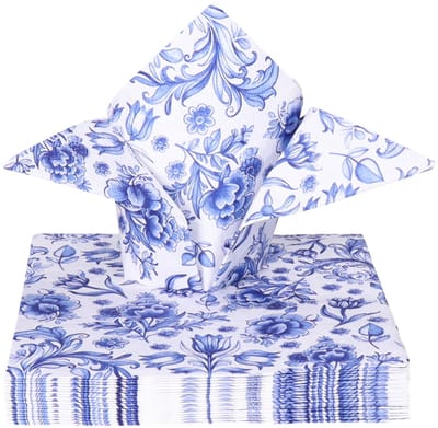 Ambiente Tafel diner servetten - Delfts blauw bloemen patroon thema - 60x stuks - 33 x 33 cm