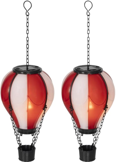 Lumineo solar luchtballon lantaarn - 2x - rood - H25 x D14 cm - kunststof - vlam effect - tuinverlichting