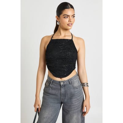 boohoo Dames Glitter Mesh Geplooid Halterneck Top | Black | Maat: 14
