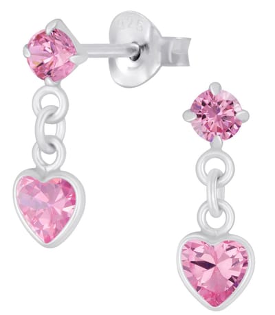 Joy|S - Zilveren hartje bedel oorbellen - roze - oorknoppen met hartje - 4 x 13 mm - zirkonia - sterling zilver 925 - kinderoorbellen