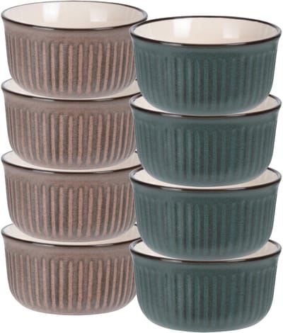 Soepkom Striped - set 8x - bruin / groen - 14 x 7 cm - keramiek - kommetjes - 500 ml