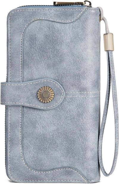 Dames Leren Clutch met RFID Bescherming, Grote Capaciteit en Kaartslots, Blauw, Klassiek Design