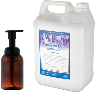 Zeepdispenser 300 ml amber bruin hervulbaar + 5 liter Bodylotion Lavendel navulling
