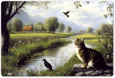 Placemats 45x30 cm - Placemat kunststof - 1 stuk - Kat - Beekje - Weide - Borden onderleggers - Decoratie voor op tafel - Keuken tafeldecoratie accessoires - Vinyl onderlegger - Tafelversiering